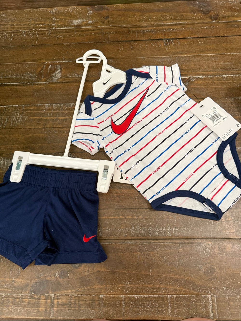 Nike Baby Striped Bodysuit & Navy Shorts Set with Red Swoosh